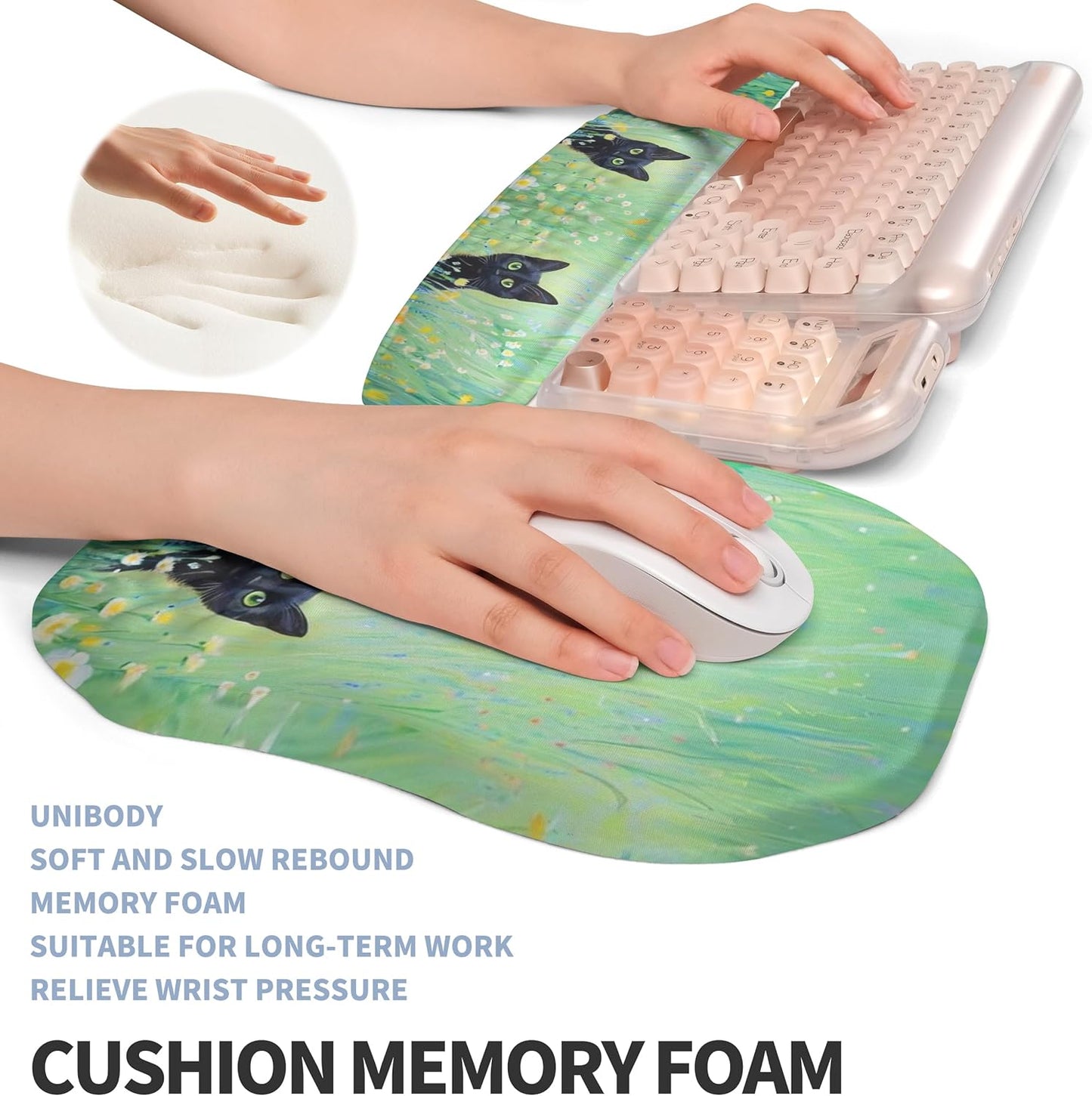 2-in-1 Ergonomic Set, Wave Keyboard Wrist Rest and Massage Slope Mouse Pad Wrist Support, Rebound Memory Foam for Relieve Carpal Tunnel Syndrome and Wrist Pain (Oil Painting Cats)