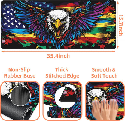 Mouse Pad Large Flag with an Eagle Non-Slip Gaming Desk Mat with Stitched Edge Laptop Keyboard Desk Pad for Work Home Gaming (35.4 x 15.7 Inches)