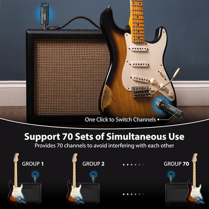 LEKATO Wireless Guitar System UHF Wireless Guitar Transmitter Receiver Rechargeable Audio Wireless Guitar Transmitter and Receiver with 70 Channels Wireless for Guitar Bass Electric Instruments-Green