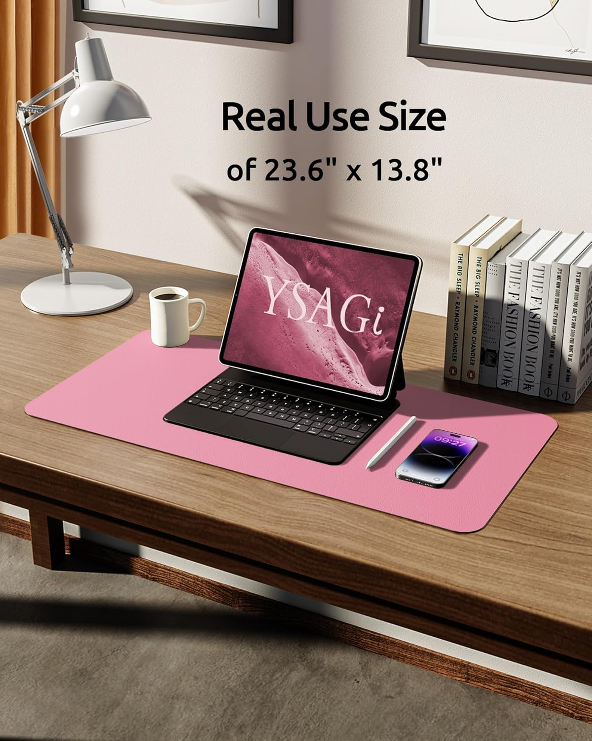 YSAGi Leather Desk Pad Protector, Large Mouse Pad, Non-Slip PU Leather Desk Blotter, Laptop Desk Pad/Mat, Waterproof Writing Pad for Office and Home (23.6" x 13.8", Pink)