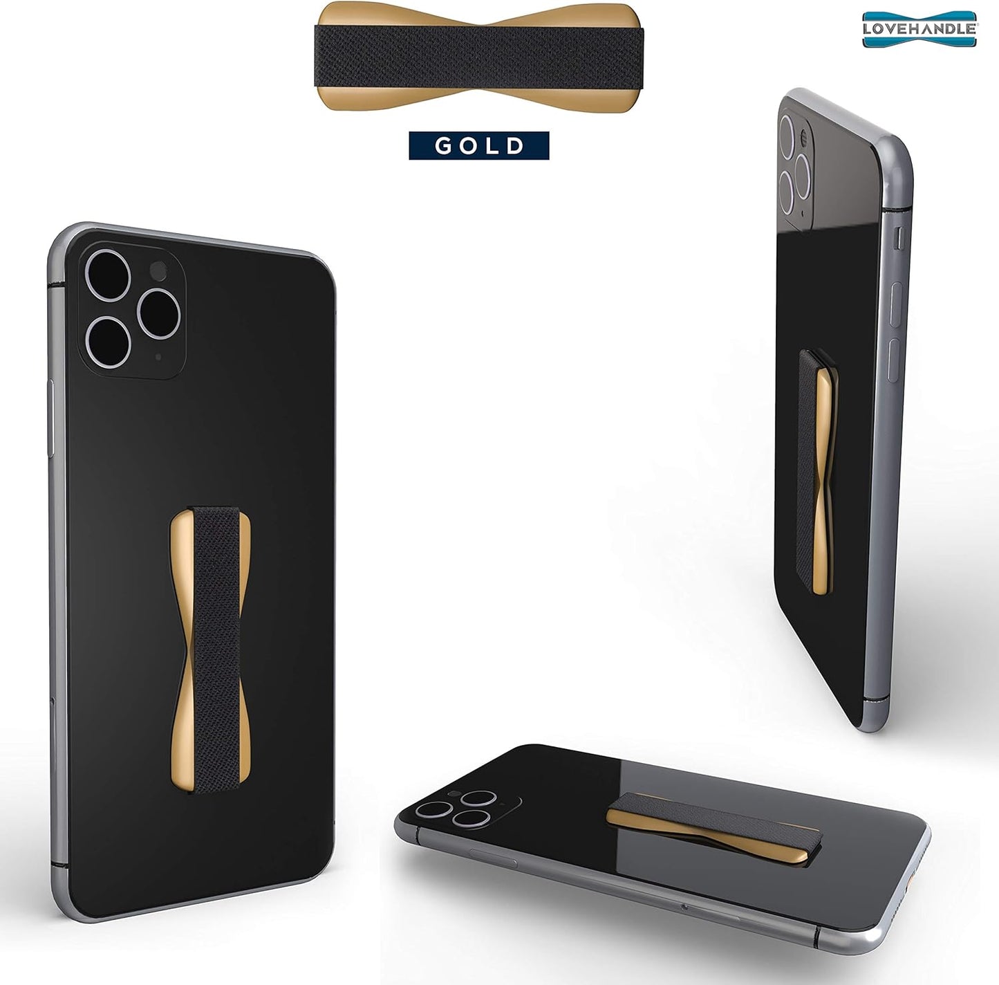 LOVEHANDLE Universal Phone Grip for Smartphones & Mini Tablets - Phone Holder for Hand - Wireless Charging Compatible - Made in The USA - Black Elastic Strap with Gold Base