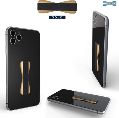 LOVEHANDLE Universal Phone Grip for Smartphones & Mini Tablets - Phone Holder for Hand - Wireless Charging Compatible - Made in The USA - Black Elastic Strap with Gold Base