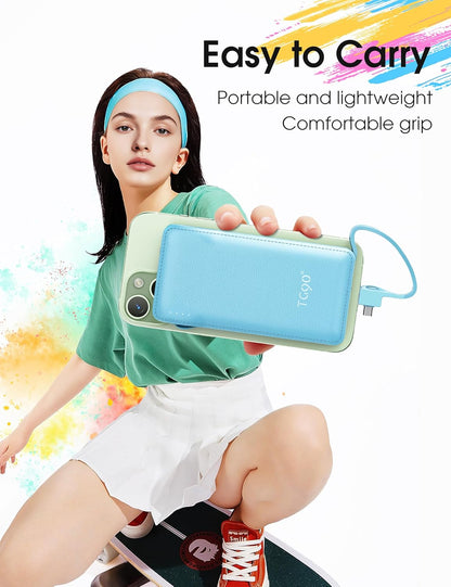 TG90° 10000mAh Power Bank with Built-in AC Wall Plug and Cables, Ultra Slim Phone External Battery Pack Portable Charger Compatible with iPhone and Android Devices