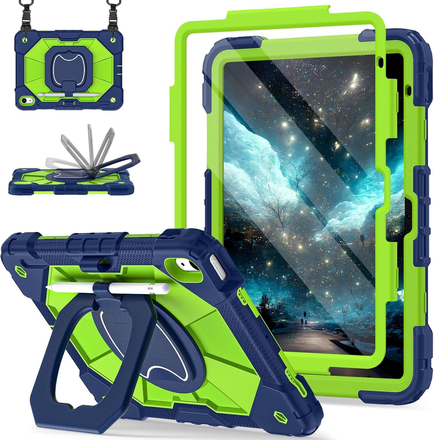 Case for iPad (A16) 11th Generation 11 Inch (2025) / iPad 10th Generation Case 10.9 Inch (2022) with 360° Rotating Stand Screen Protector Pen Holder Shoulder Strap, Navy Green