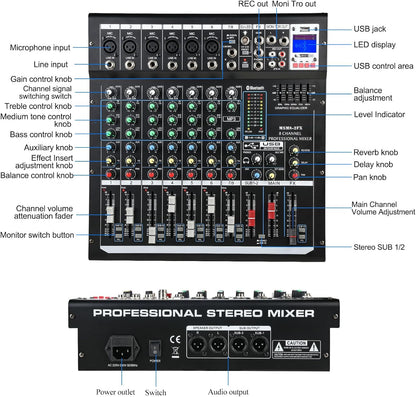 Dj Mixers 8 Channel Audio Mixer Sound Board with Bluetooth, Usb Audio Interface with 48V Phantom Power Sounds Mixer Board with FX Reverb Delay Effect for Streaming