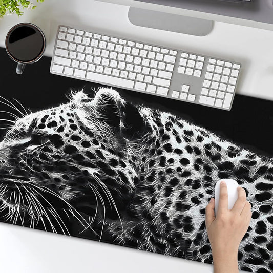 Black and White Gaming Mouse Pad 31.5 x 11.8 Inch Extended Large Mouse Pad with Non-Slip Base and Stitched Edges for Gamer Home Office, Black Leopard