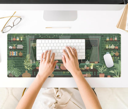 Kawaii Rainy Night Desk Mat Green Plants Gaming Mouse Pad XL, Aesthetic Anime Black Cat Desk Pad Laptop Computer Keyboard Mouse Mat, Desktop Decor Accessories for Girl Women Office 31.5"x11.8"