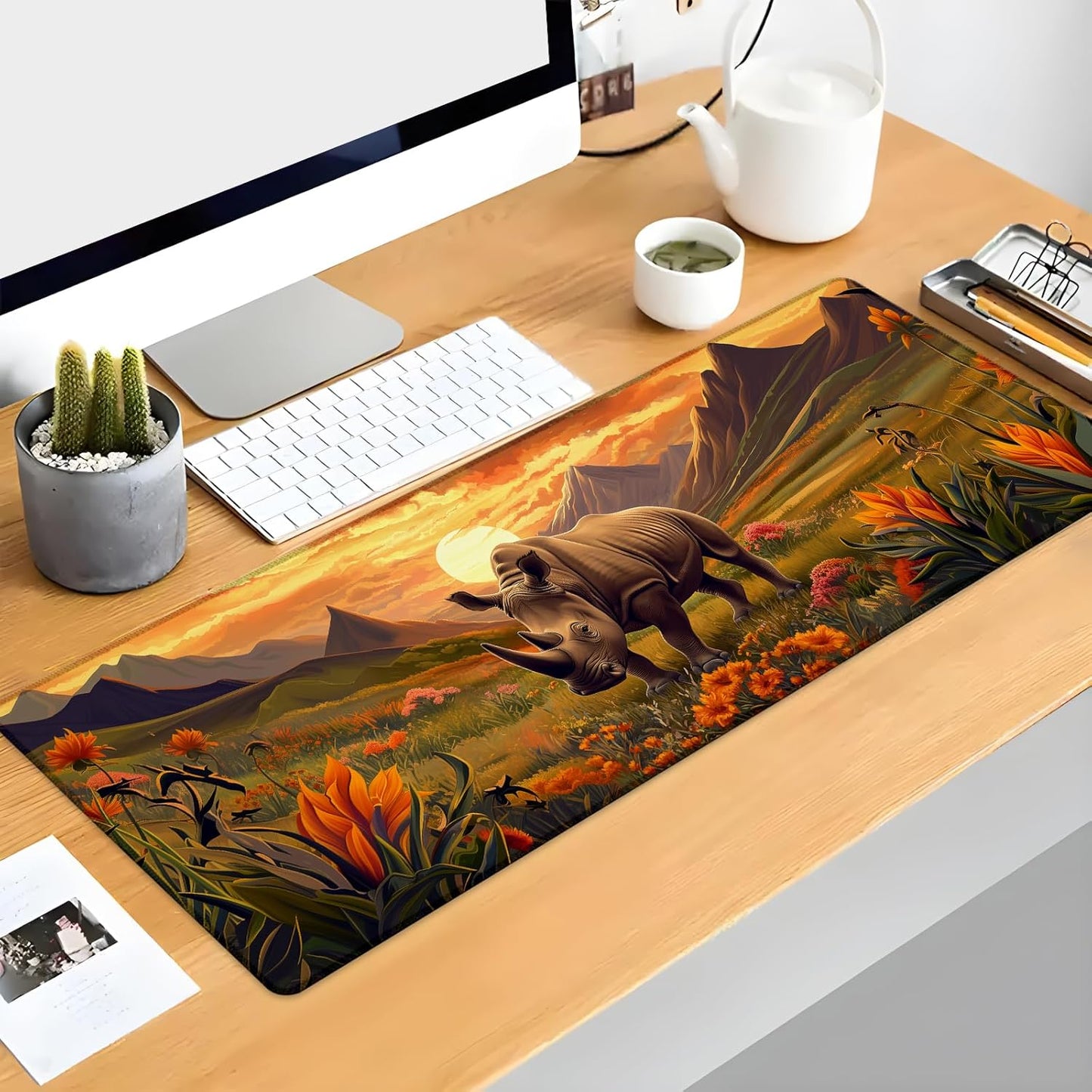 Rhino Gaming Mouse Pad, Sunset Floral and Wildlife Mousepads for Gaming Home Office Work, Extended Mats Computer Keyboard Laptop, 31.5×11.8 Inch Large Desk Mat with Non-Slip Rubber Base