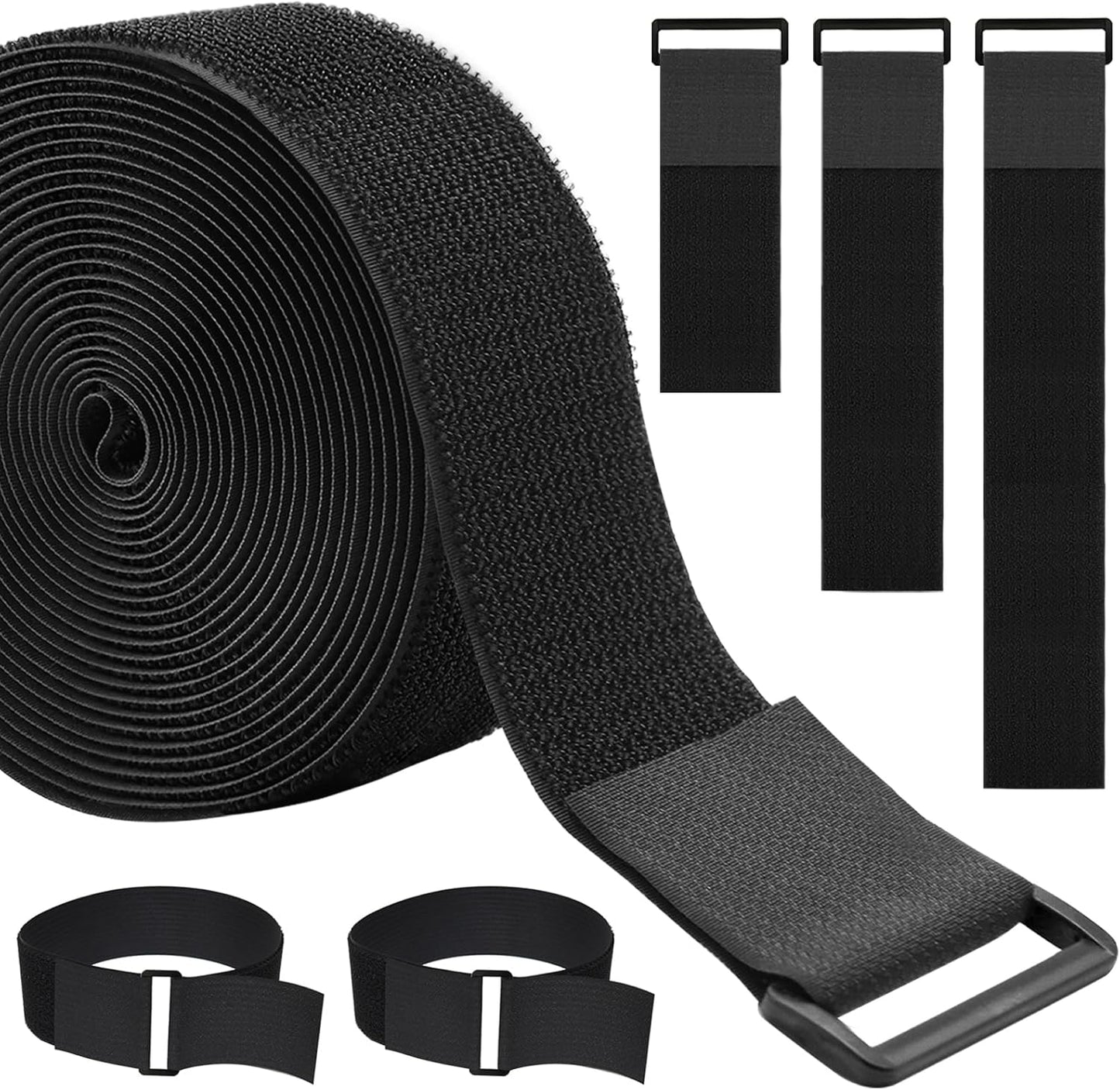 1.5In x 16Ft Cinch Straps Heavy Duty With 20 Buckles, Black Nylon Hook and Loop Straps, Reusable Long Cable Ties for Organizer or Storage