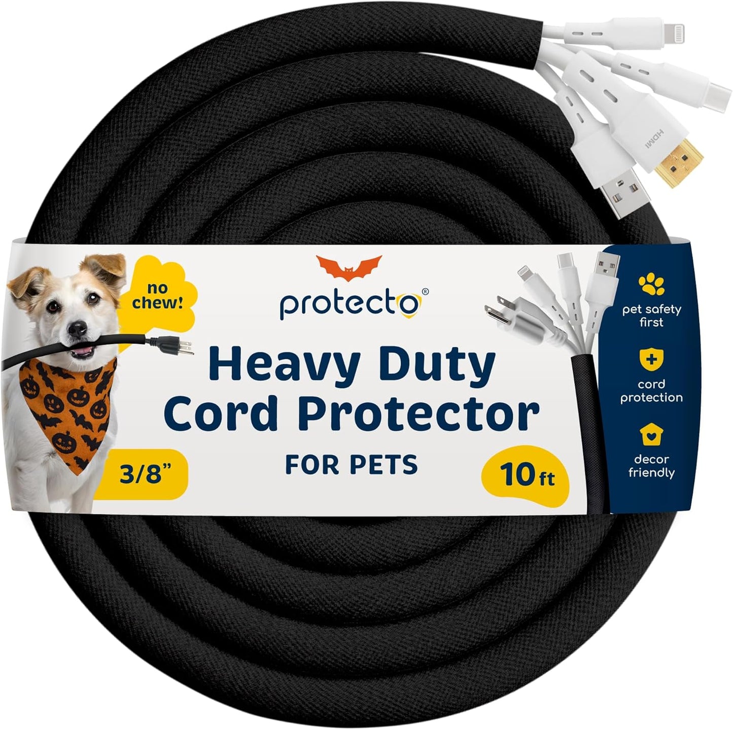 PROTECTO Heavy Duty Dog & Cat Cord Protector 10ft - Easy-to-Use Critter Cord Cover for Pet - Clear Odorless Black Color - No Chew Solution for Power, Audio & Video Wire - Tubing