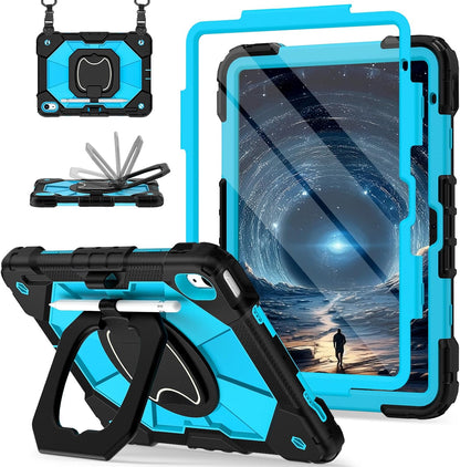 Case for iPad (A16) 11th Generation 11 Inch (2025) / iPad 10th Generation Case 10.9 Inch (2022) with 360° Rotating Stand Screen Protector Pen Holder Shoulder Strap, Black Blue