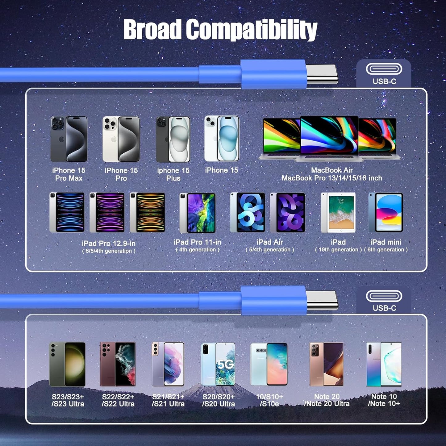 3-Pack Blue [3.3FT+6.6FT+10FT] 60W USB C to USB C Cable, Type C Fast Charging Cable for iPhone 16 15 Pro Plus Pro Max，for Galaxy S24 S23, for iPad Pro/Air, for MacBook Pro/Air and More