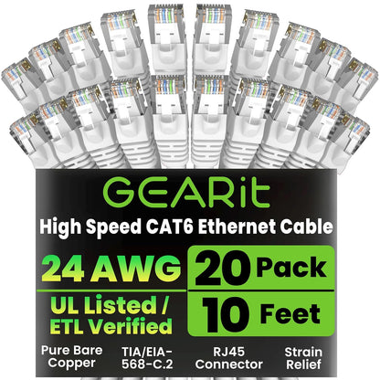 GearIT Cat 6 Ethernet Cable (20-Pack 10 Feet) Cat6 Network Patch, 10Gbps, RJ45, Snagless Cord, Gold-Plated Connectors, Internet for PC, TV, Tablet, Router, Printer, Servers, IT Data Center - White