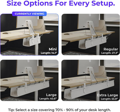 Ascrono Original No Drill Under Desk Cable Management Tray 14.1" - Premium White Fabric Cable Management Under Desk - Clamp/Screw Mount Cord Organizer - Supports Upto 66lbs