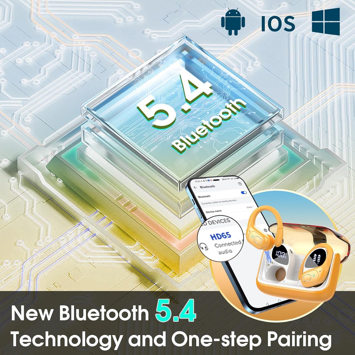 Wireless Earbuds 75hrs Bluetooth 5.4 Headphone Sport, 2025 Bluetooth Earbuds Stereo Deep Bass Over Ear Bud with Earhooks, ENC Noise Cancelling Mic, IPX7 Waterproof Earphone, Yellow