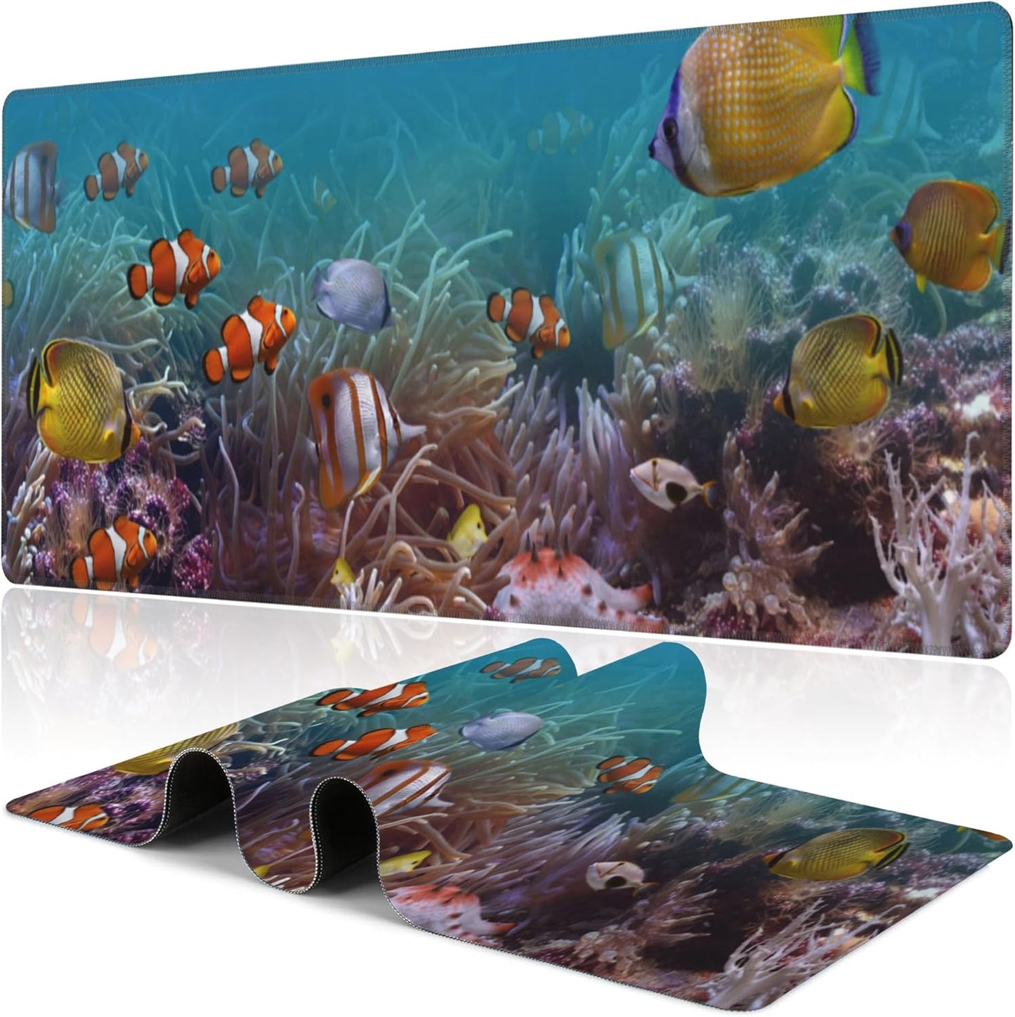 Vibrant Underwater World Desk Mat,Large Tropical Fishes on Coral Reefs Gaming Keyboard Mouse Pad,Non-Slip Rubber Base Desk Pad Thick Stitched Edges Waterproof Mousepad Mouse Mat 31.5"x11.8"