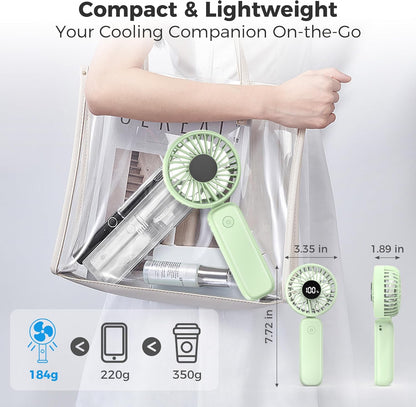 Portable Handheld Fan, 5000mAh Rechargeable Battery, Max 15H Cooling, 4 Speeds, LED Display, Foldable Design, 3-IN-1 Personal Pocket Fan with lanyard for Travel Outdoors Makeup Concert Commute