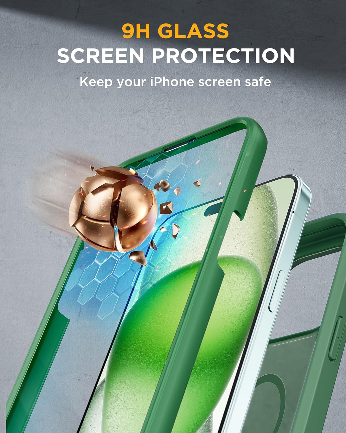 Miracase Glass Series for iPhone 15 Case [Compatible with MagSafe] Full-Body Magnetic Case with Built-in 9H Tempered Glass Anti-Fingerprint Screen Protector + Camera Lens Protector, Matte Green