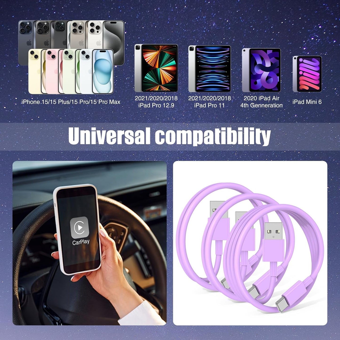 3-Pack Purple [3.3FT+3.3FT+6FT] USB A to USB C Cable，USB to USB C Car Carplay Cable for iPhone 16 15 Pro Plus Pro Max，for iPad Pro/Air/Mini，for Samsung S24/S23/S22/S21，for MacBook Pro/Air and More