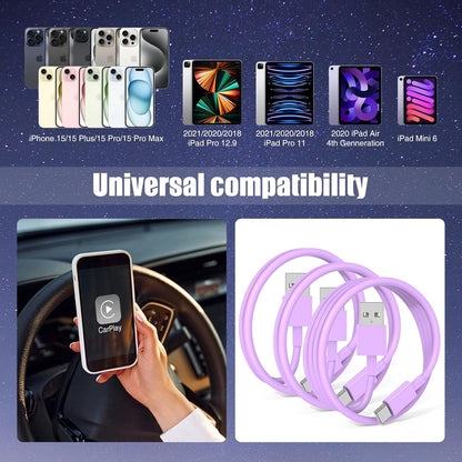 3-Pack Purple [3.3FT+3.3FT+6FT] USB A to USB C Cable，USB to USB C Car Carplay Cable for iPhone 16 15 Pro Plus Pro Max，for iPad Pro/Air/Mini，for Samsung S24/S23/S22/S21，for MacBook Pro/Air and More