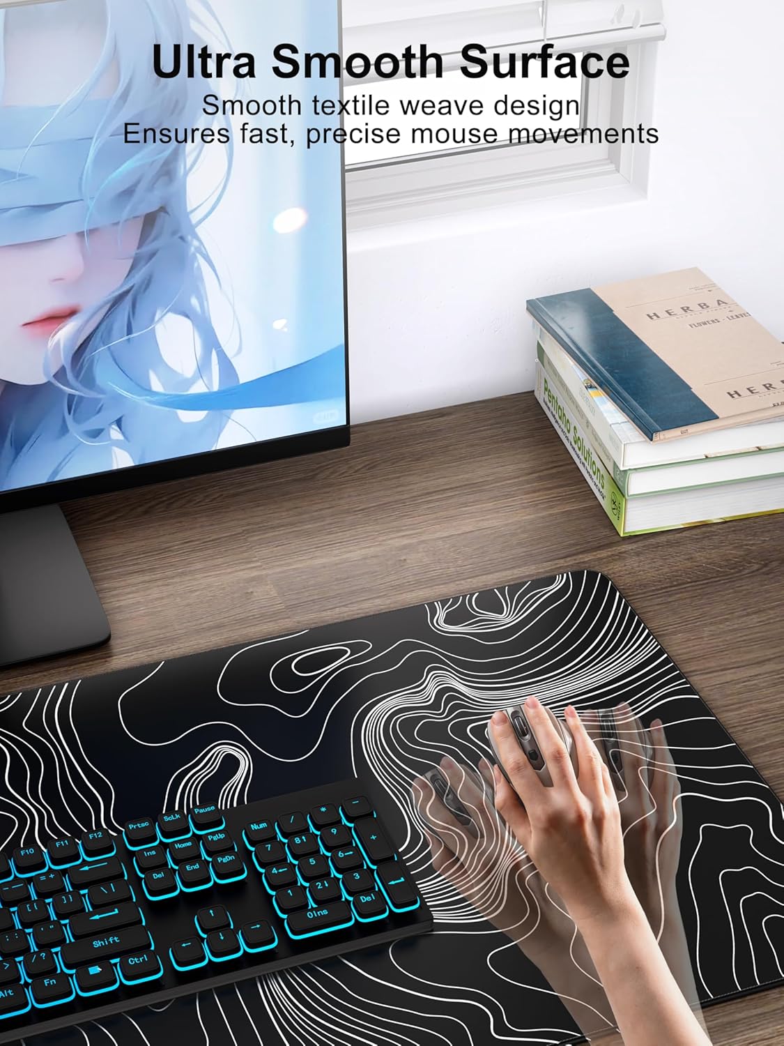 TopMade Mouse Pad with 15W Fast Wireless Charging, 31.5"x15.75" XXL Large Gaming Waterproof Desk Pad with Ultra-Smooth Surface, Non-Slip Base, Computer Desk Mat, Black Topographic Map #2