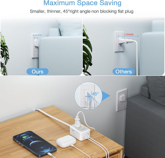 TESSAN Small Flat Plug Power Strip, Ultra Thin Extension Cord with 3 USB Wall Charger (1 USB C), 3 Outlets Mini Charging Station, 5 ft Slim Plug for Cruise Travel Office School Dorm Room Essentials