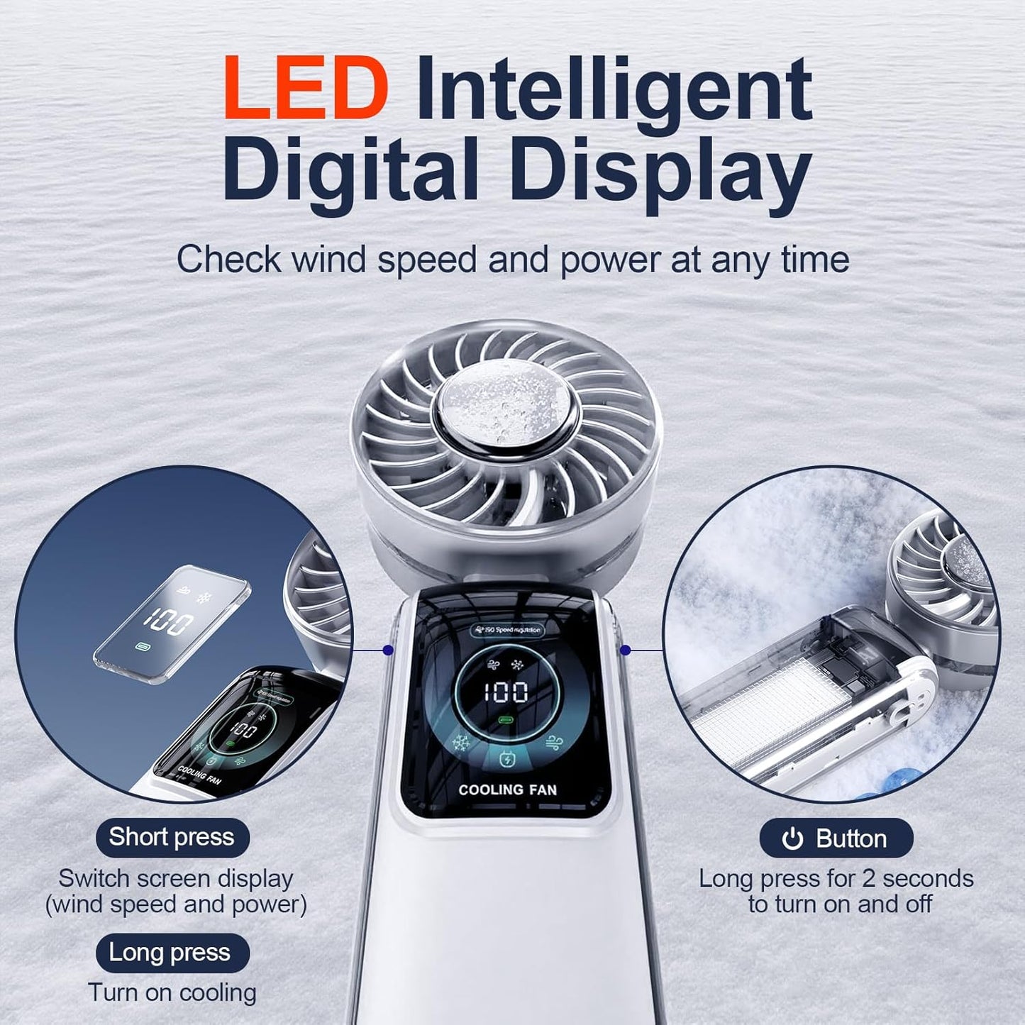 Blows Cold Air Portable Handheld Fan with Stand & Lanyard, 5000mAh USB-C Rechargeable Battery, 12H/5-Speed LED Display Mini Fan for Travel Beach Cruise Concerts Outdoor Events(White)