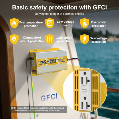 XWJNE 1200W Pure Sine Wave Power Inverter 12V DC to 120V GFCI AC Converter with LCD Display for Home, RV, Truck, Off-Grid Solar Power