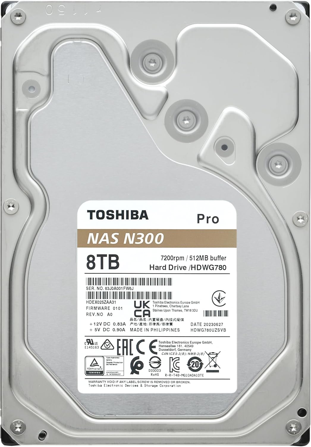 Toshiba N300 PRO 8TB Large-Sized Business NAS (up to 24 Bays) 3.5-Inch Internal Hard Drive - Up to 300 TB/Year Workload Rate CMR SATA 6 GB/s 7200 RPM 512 MB Cache - HDWG780XZSTB