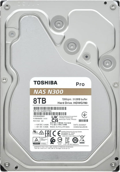 Toshiba N300 PRO 8TB Large-Sized Business NAS (up to 24 Bays) 3.5-Inch Internal Hard Drive - Up to 300 TB/Year Workload Rate CMR SATA 6 GB/s 7200 RPM 512 MB Cache - HDWG780XZSTB