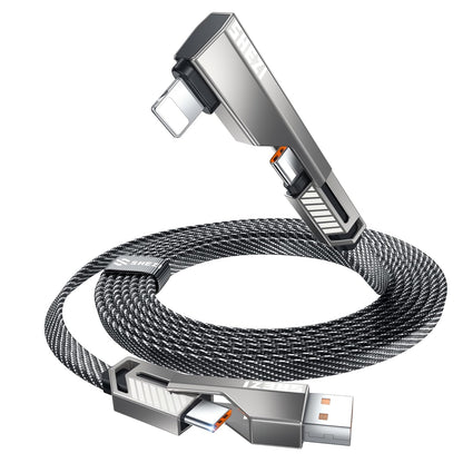 4-in-1 Long USB C Cable 10FT Compatible with Lightning Cable 90 Degree Fast Charging Flat Nylon Braided for iPhone/iPad Charger Cord Multi Charge Cord with L/USB C/USB A Ports, Grey