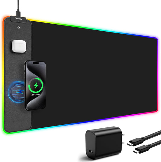 TopMade Wireless Charging RGB Mouse Pad, Waterproof Gaming Desk Mat with 4 Light Modes & 11 RGB Colors, 31.5"x15.75" XXL Large Desk Pad(Includes 20W PD Power Adapter & 6.56ft Woven Cable)