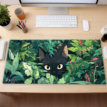 Black Cat Mouse Pad Cute Gaming Mousepad XL Kawaii Computer Mat 31.5 x 15.7 in Full Desk Mouse and Keyboard Pad Green Desk Mat with Stitched Edge Anti-Slip Washable for Office and Home