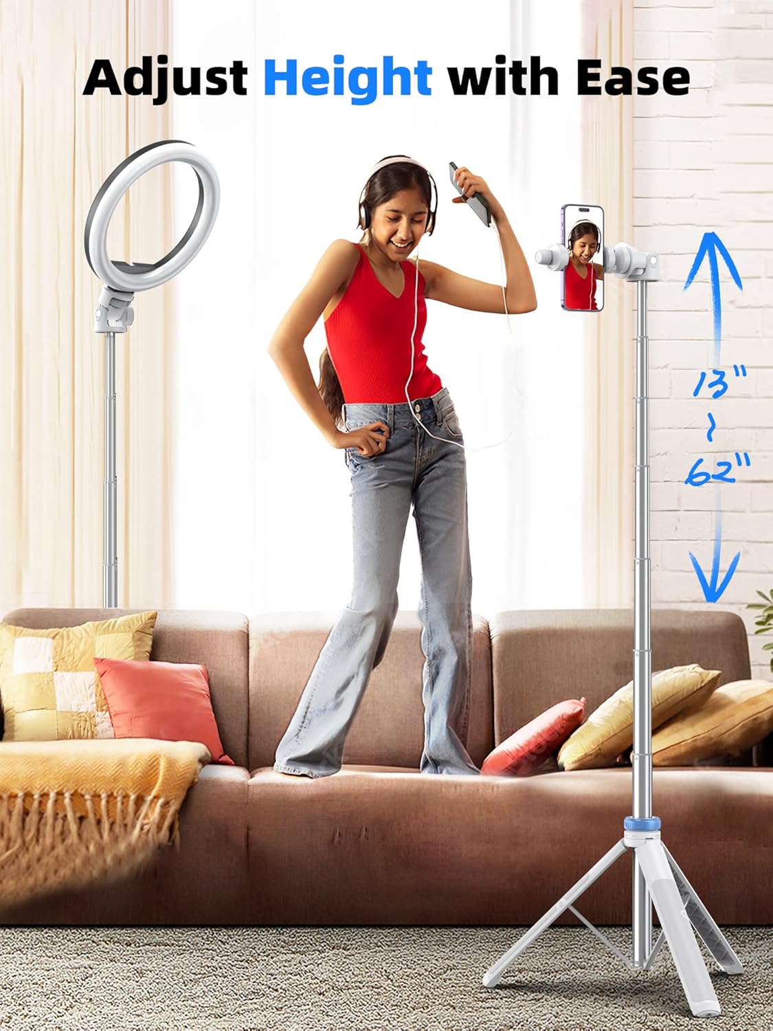 Kaiess 62" Phone Tripod & Selfie Stick, Extendable Photography Light Stand with Wireless Remote, Solidest, Portable, Lightweight, Compatible with iPhone/Android Phone (White)