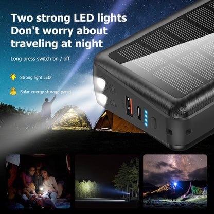 Portable Charger with Built in Cable and Wall Plug 50000mAh PD30W Fast Charging Solar Power Bank with 5 Output & 2 Input Dual LED Flashlights Phone Holder External Battery Pack (Black)