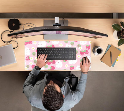 Pink Kawaii Desk Mat, Strawberry Field Desk Pad Large, Extended Mouse Pad Cute, XXL Laptop Computer Keyboard Mat Desktop Mouse Mat, Gaming Computer Pad Women Desk Decor Accessories 31.5"x15.75"