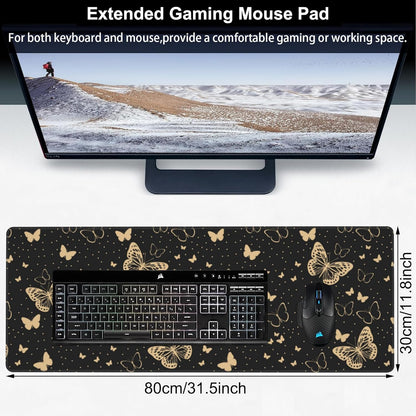 Golden Butterflies Desk Mat,Large Butterfly and Round Spots Gaming Keyboard Mouse Pad,Non-Slip Rubber Base Desk Pad Thick Stitched Edges Waterproof Mousepad Mouse Mat 31.5"x11.8"