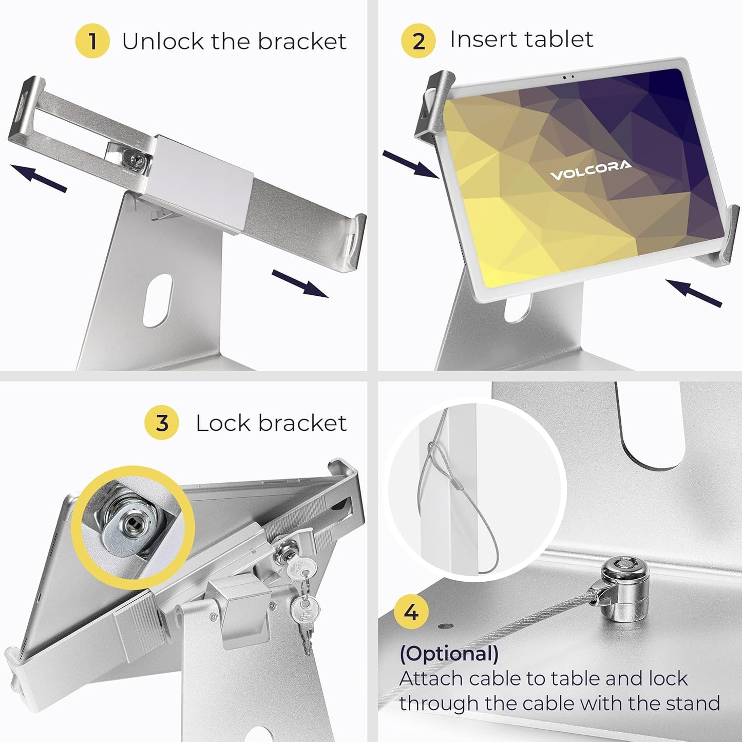 Volcora Anti-Theft Tablet Stand iPad Security Holder with Lock, Silver 10-13 Inch Kiosk Stand Mount, Swivel, Adjustable, for iPad Pro, Air, POS Register, Retail Business, Checkout, Cashier