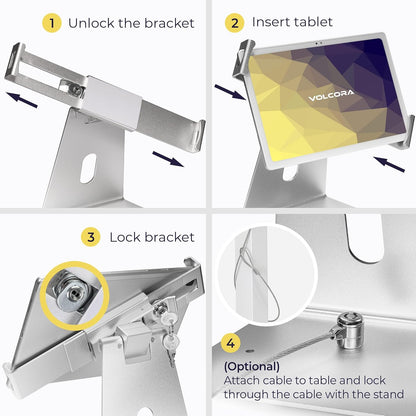 Volcora Anti-Theft Tablet Stand iPad Security Holder with Lock, Silver 10-13 Inch Kiosk Stand Mount, Swivel, Adjustable, for iPad Pro, Air, POS Register, Retail Business, Checkout, Cashier