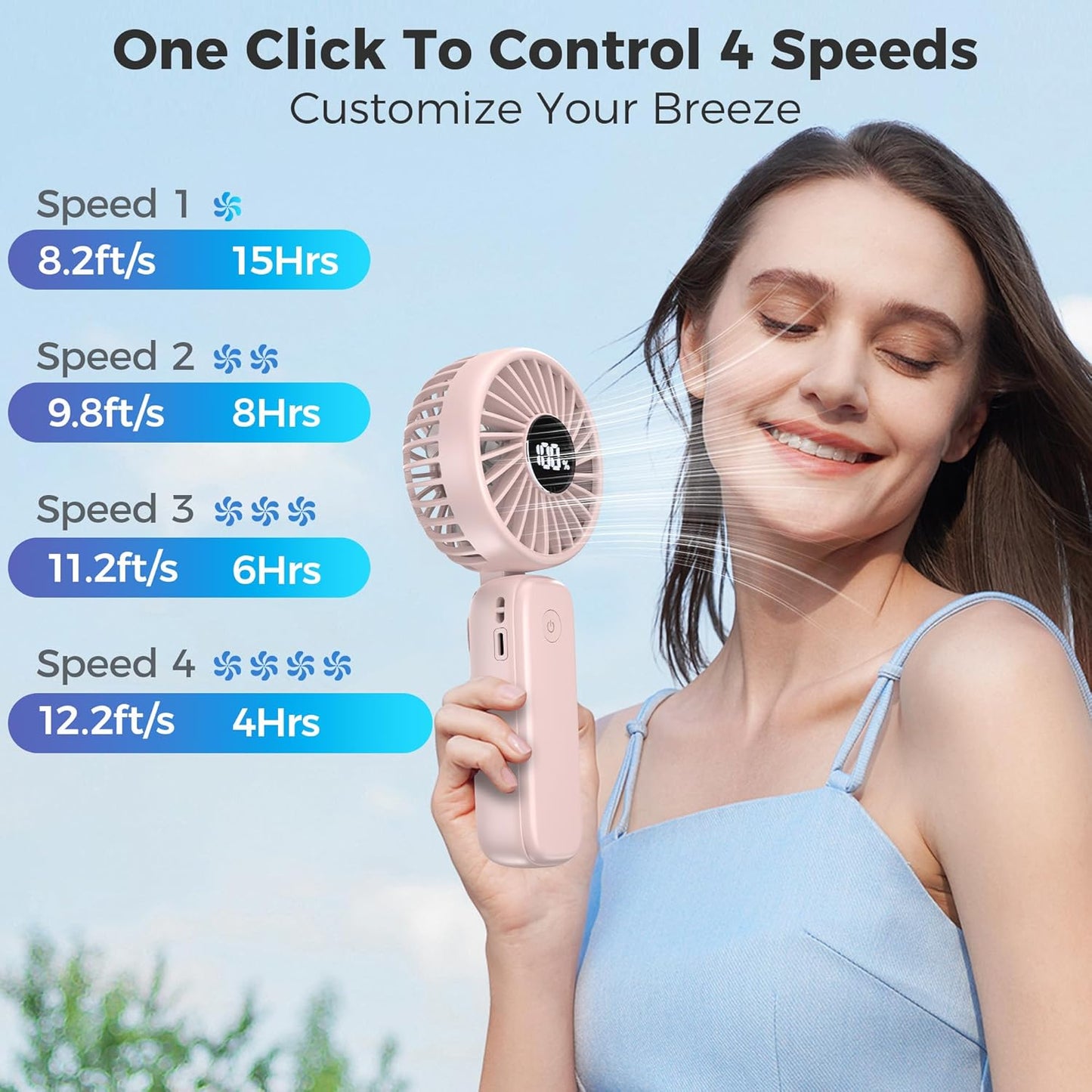 Portable Handheld Fan, 5000mAh Rechargeable Battery, Max 15H Cooling, 4 Speeds, LED Display, Foldable Design, 3-IN-1 Personal Pocket Fan with lanyard for Travel Outdoors Makeup Concert Commute