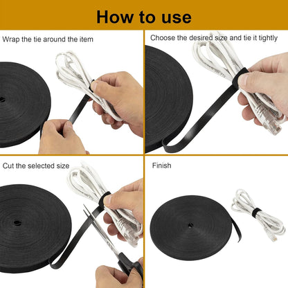 1/2 inch Reusable Fastening Tape Cable Ties Double-Sided Hook-and-Loop Cable Management Tape (Black 25 Yards)
