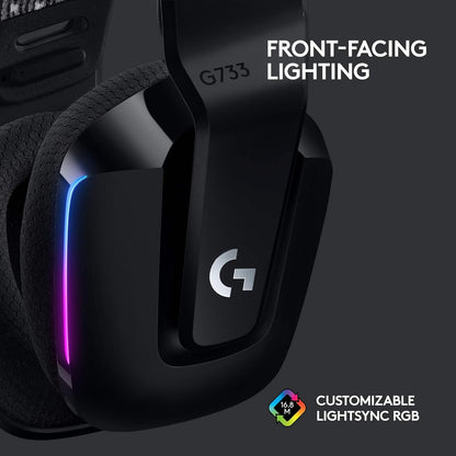 Logitech G733 Lightspeed Wireless Gaming Headset, Suspension Headband, Lightsync RGB, Blue VO!CE Mic, PRO-G Audio – Black, Gaming Headset Wireless, PC, PS5, PS4, Switch Compatible