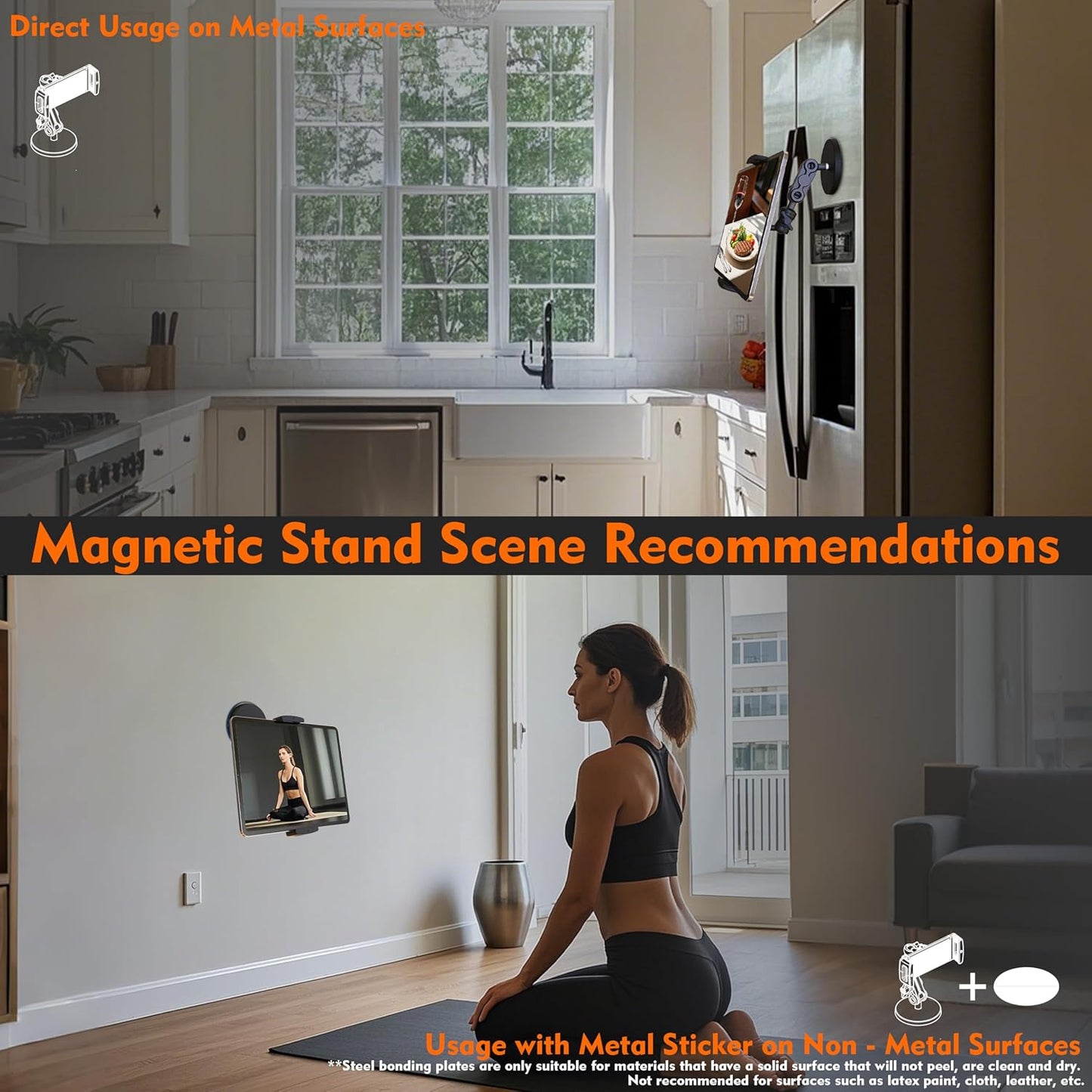 Universal Magnetic Tablet Holder 360°Adjustable 7.7" Aluminum Heavy Duty Arm 3.5" Magnetic Base for Car Dashboard, Gym, Kitchen Fits 4-13" Tablets, Phones