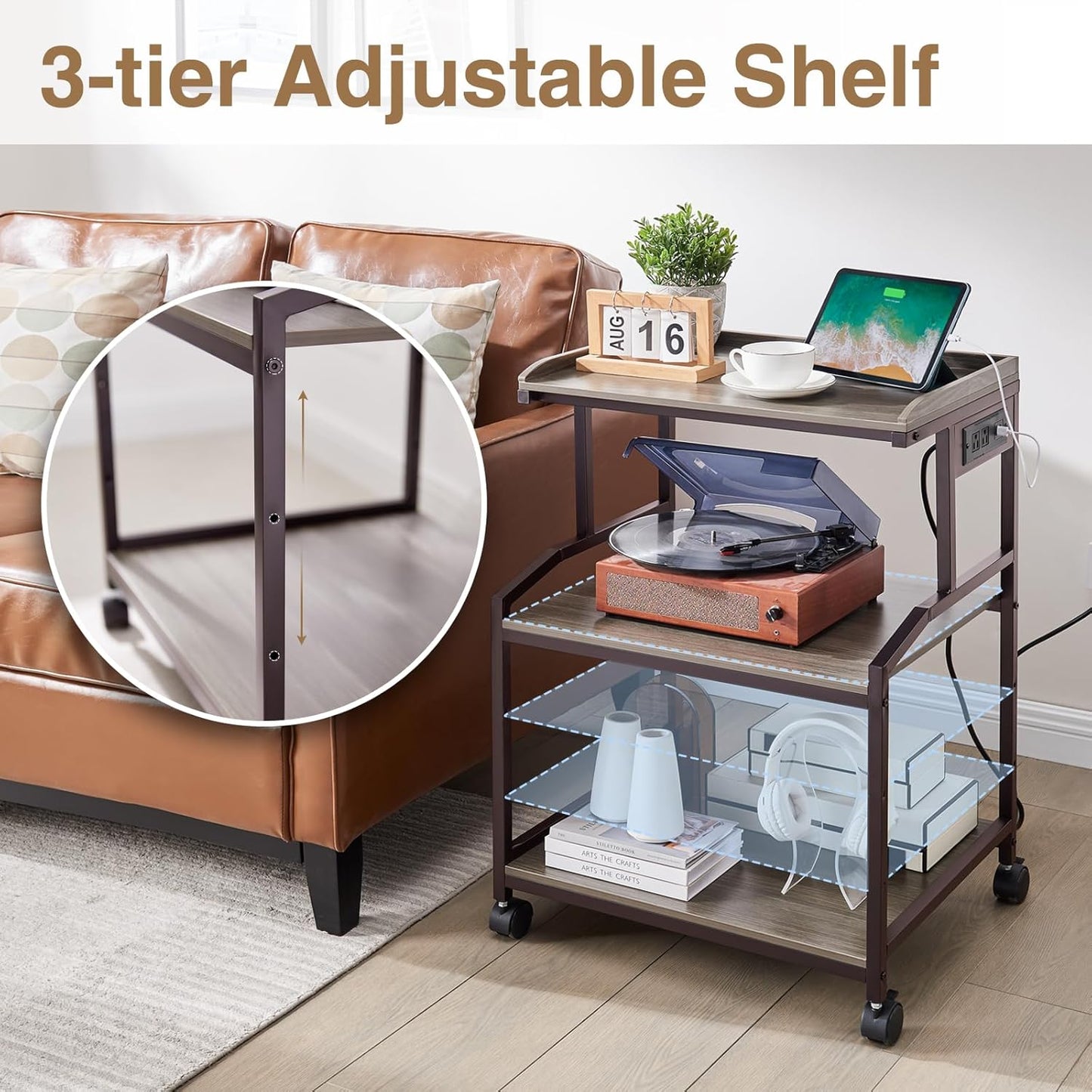 Lauren&Harold 34'' Printer Stand with Power Outlets & USB Ports, 3-Tier Adjustable Rolling Cart, Heavy Duty 150LBS Storage Table with Wheels for Office, Kitchen, Living Room, Grey/Bronze