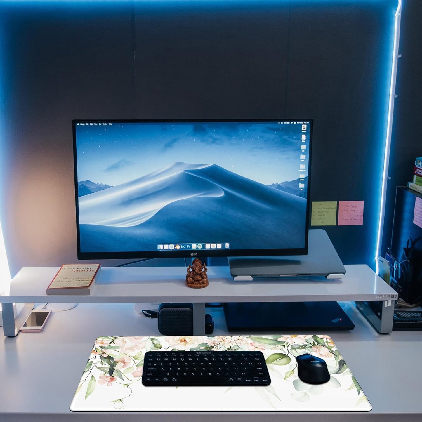 Desk Mat, Watercolor Pink Flowers Desk Pad, Green Leaves Flowers Large Gaming Mouse Pad for Desk, 31.5"x15.7" Extended Big Computer Keyboard Mouse Pad with Non-Slip Base and Stitched Edge