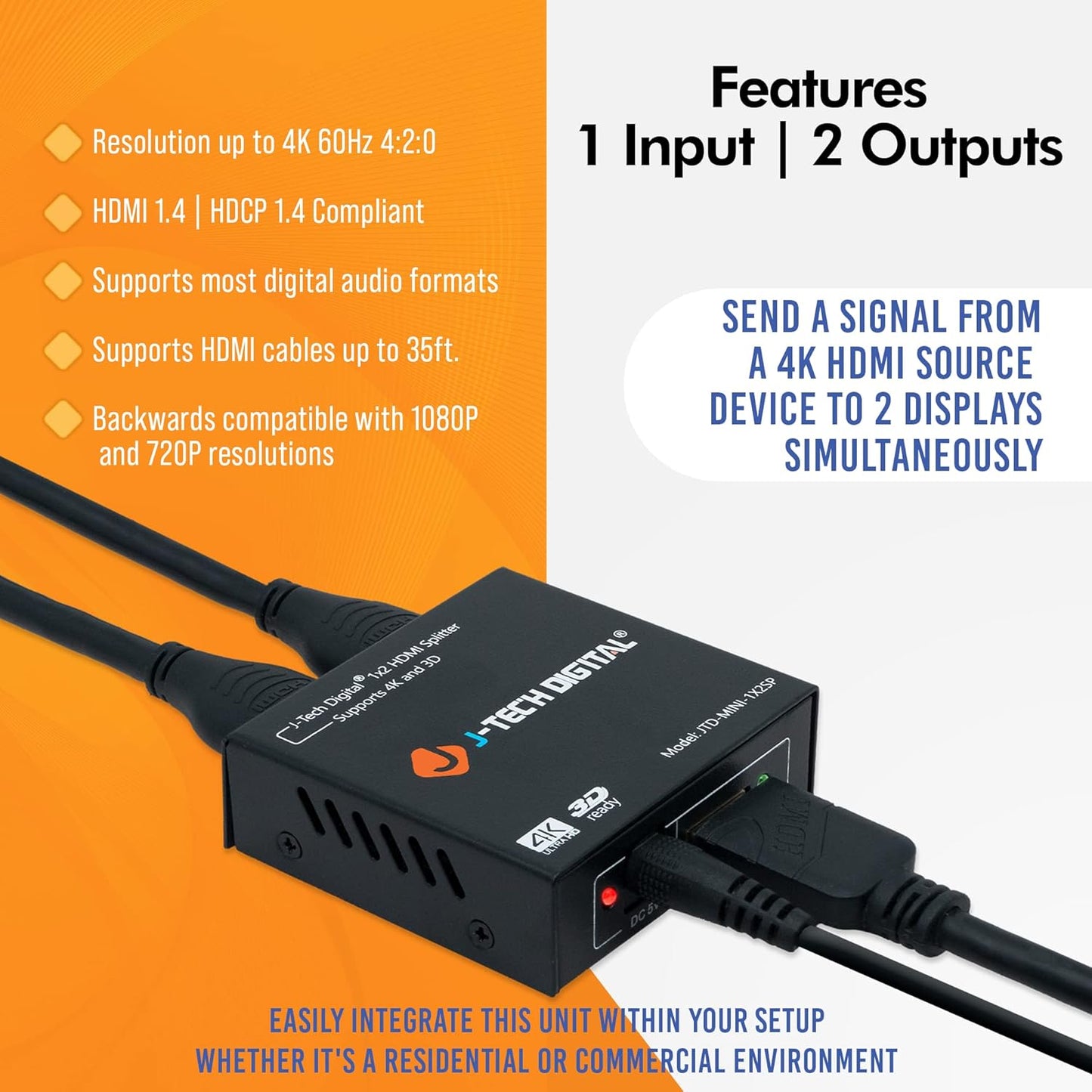 4K@60 HDMI Splitter 1 in 2 out 1X2 Powered Splitter for Dual Monitors by J-Tech Digital [JTD-MINI-1X2SP]