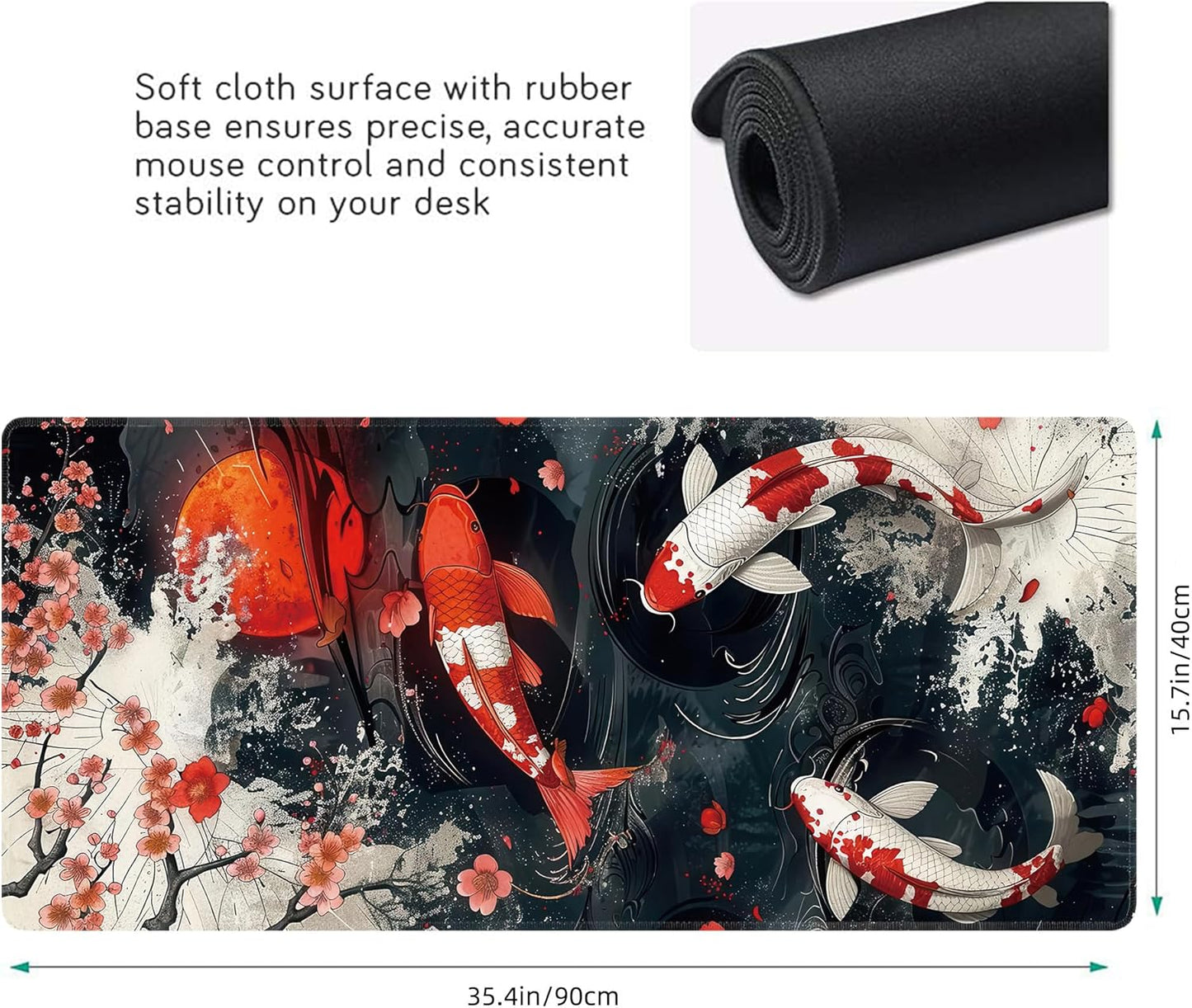 Koi Fish Large Mouse Pad,Gaming Keyboard Desk Pad,Extended Mouse Mat Non-Slip Rubber Base with Stitched Edges for Office Game Home XXL 35.4"x15.7"