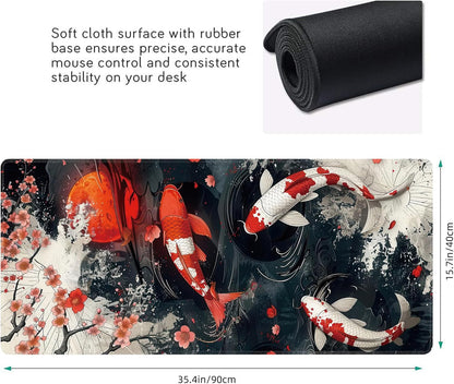 Koi Fish Large Mouse Pad,Gaming Keyboard Desk Pad,Extended Mouse Mat Non-Slip Rubber Base with Stitched Edges for Office Game Home XXL 35.4"x15.7"