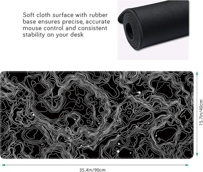 Black with White Topographic Line Large Mouse Pad,Gaming Keyboard Desk Pad,Extended Mouse Mat Non-Slip Rubber Base with Stitched Edges for Office Game Home XXL 35.4"x15.7"