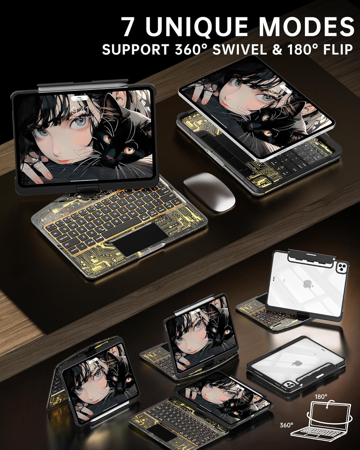 Intermerge Clear Keyboard Case for iPad Air 13" (M3/M2, 2025/2024) & Pro 12.9" (2022-2018) - 360° Rotatable Trackpad, RGB Backlit Keyboard, Pencil Holder, Power Indicator, Type-C, Shadow Pulse